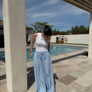 PANTALON EN LIN RAYÉ BLEU ET BLANC
